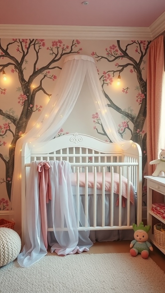 A nursery designed with a fairy tale theme, featuring a crib with draped fabric and fairy lights, surrounded by tree wall murals.