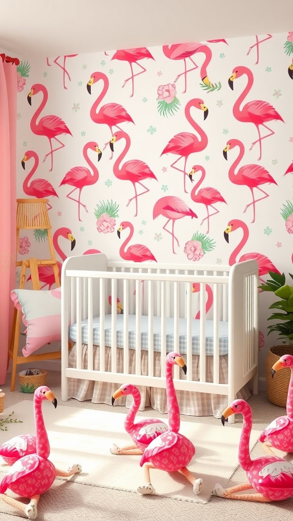 Vibrant flamingo-themed nursery with pink walls and a white crib.