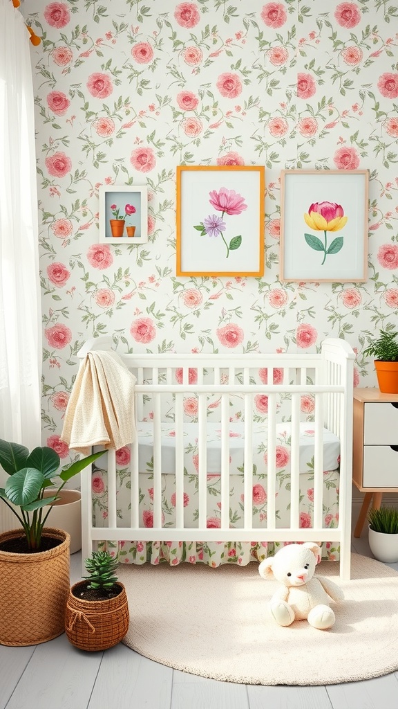 A nursery decorated with floral wallpaper, a crib, and plants.