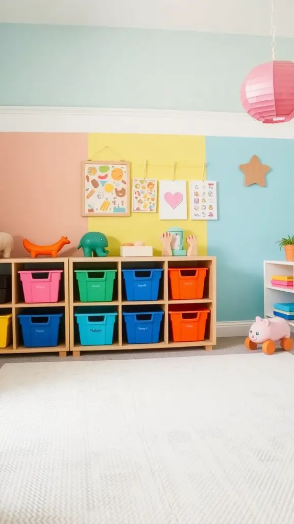 Color-coded storage bins in a nursery with playful decor.