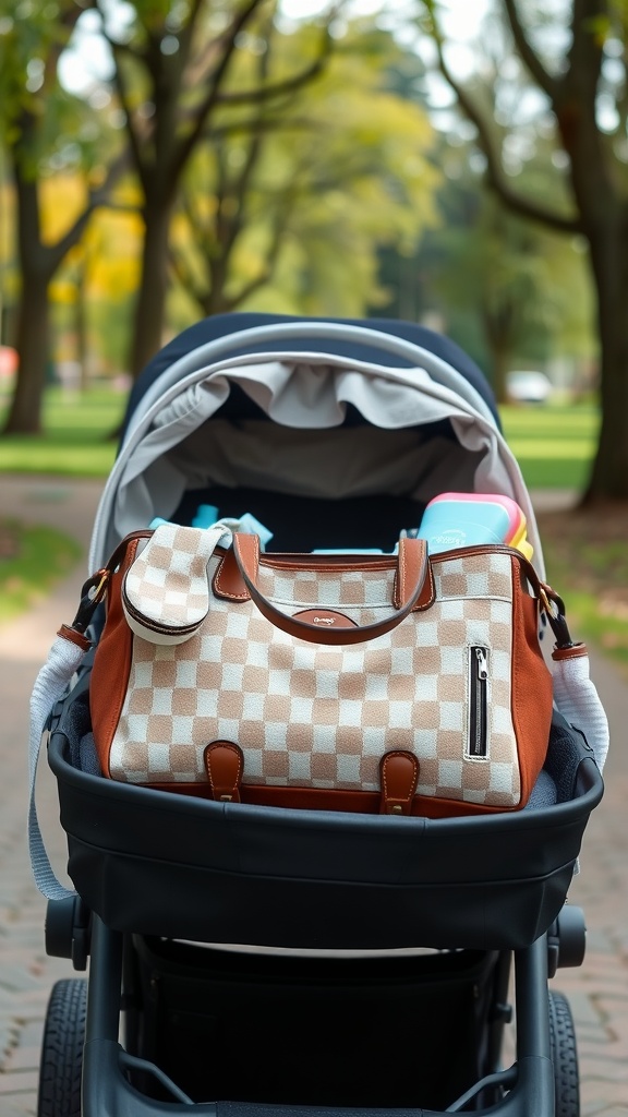 A stylish diaper bag placed on a stroller in a park setting.