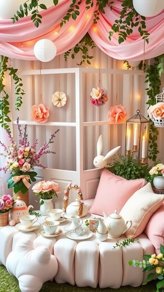 A beautifully arranged tea party setup with pink lanterns, flowers, and pastries.