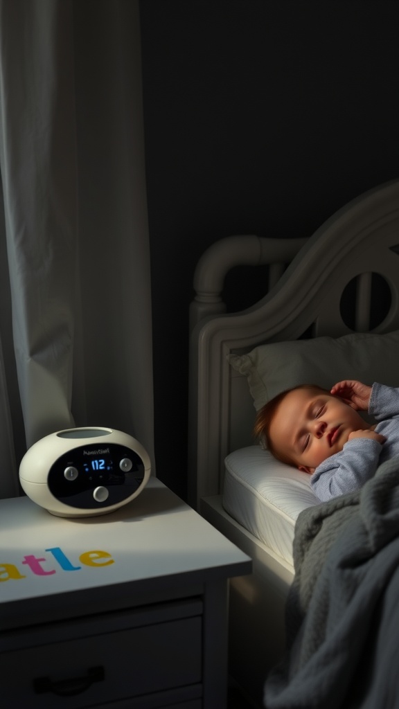 A sleeping baby next to a gentle sound machine on a nightstand.