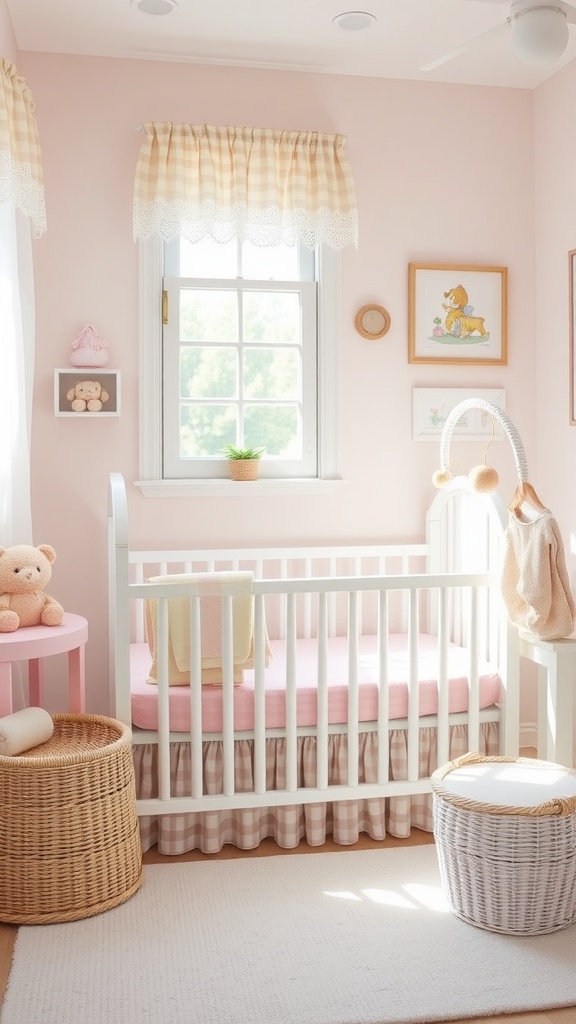 A nursery featuring pink walls, a crib with a gingham skirt, lace curtains, and soft furnishings.