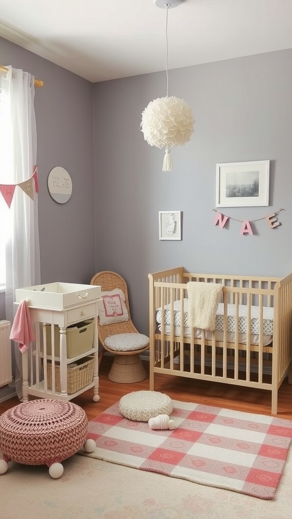 A well-lit nursery featuring a white crib, soft bedding, and minimalist decor.