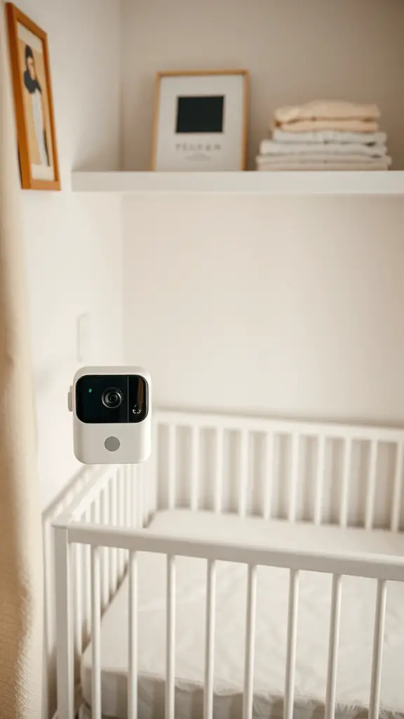 A baby monitor mounted above a crib in a softly decorated nursery.
