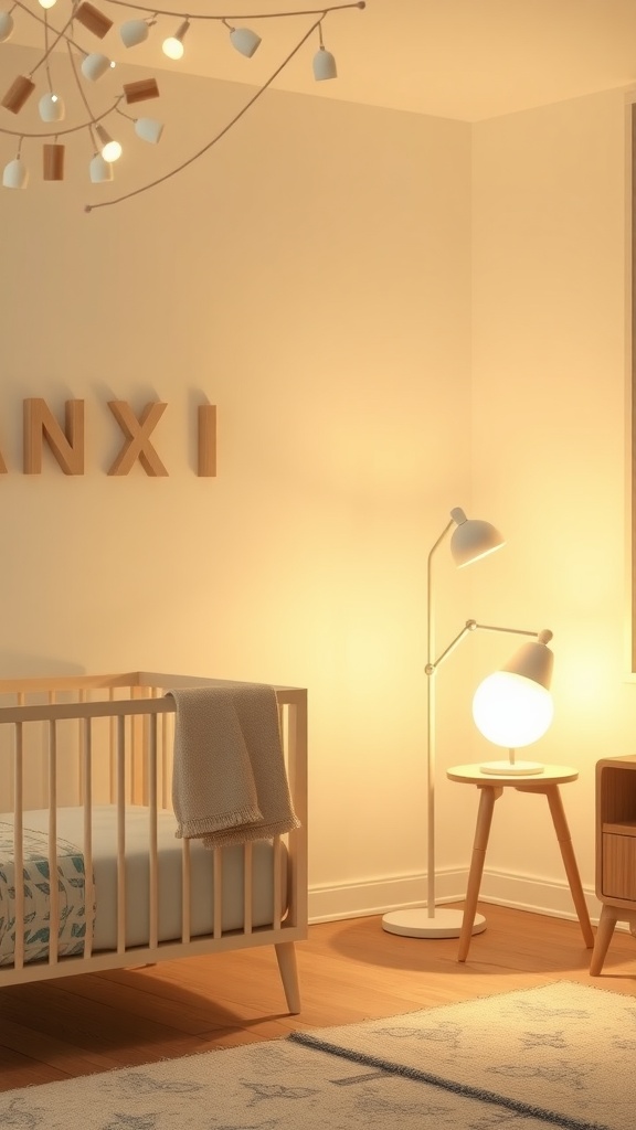 A softly lit nursery with a crib, stylish lamp, and warm tones.