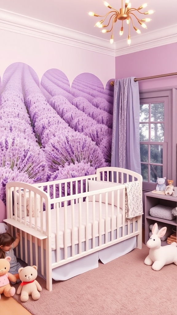 A nursery with lavender-themed decor featuring a crib and soft toys.