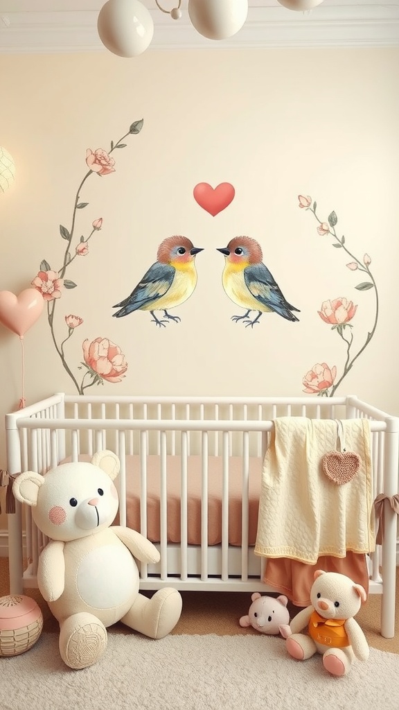 Nursery featuring a lovely bird mural with flowers, a crib, and stuffed animals.