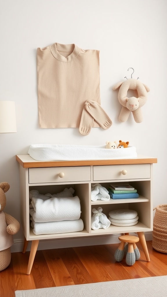 A multi-functional changing table with storage, featuring a soft changing pad, neatly stacked towels, and adorable stuffed animals.