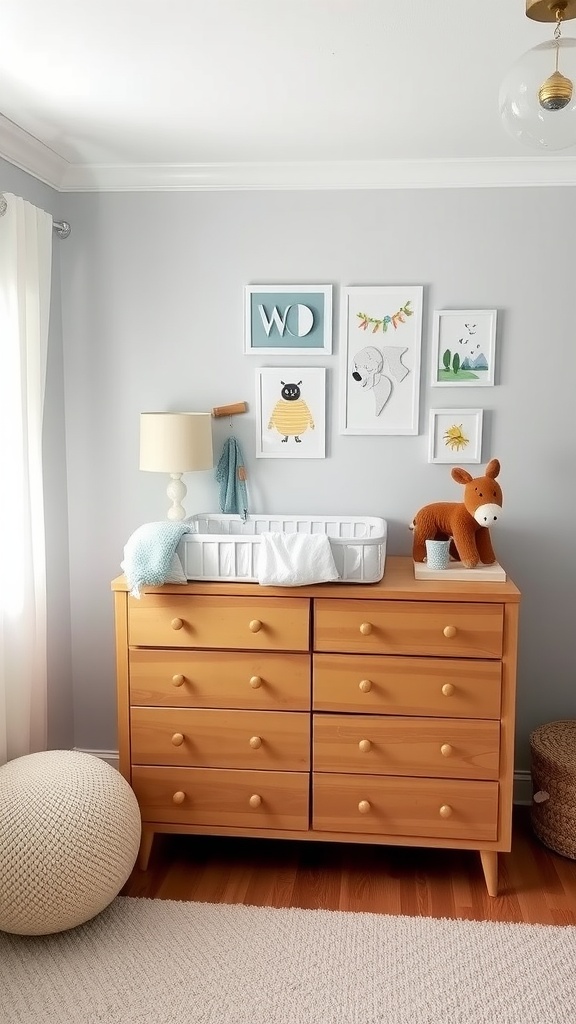 A stylish nursery dresser with changing pad on top, surrounded by soft decor.