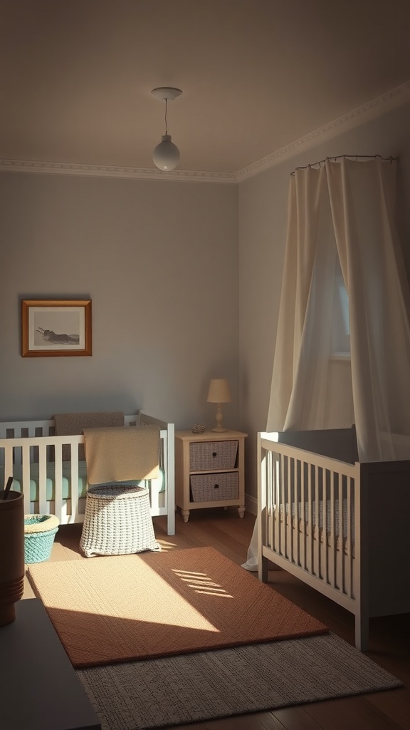 A softly lit nursery with cribs, a cozy chair, and warm lighting elements.