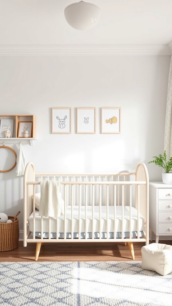 A serene and minimalistic nursery featuring a wooden crib, decorative wall art, and bright natural light.