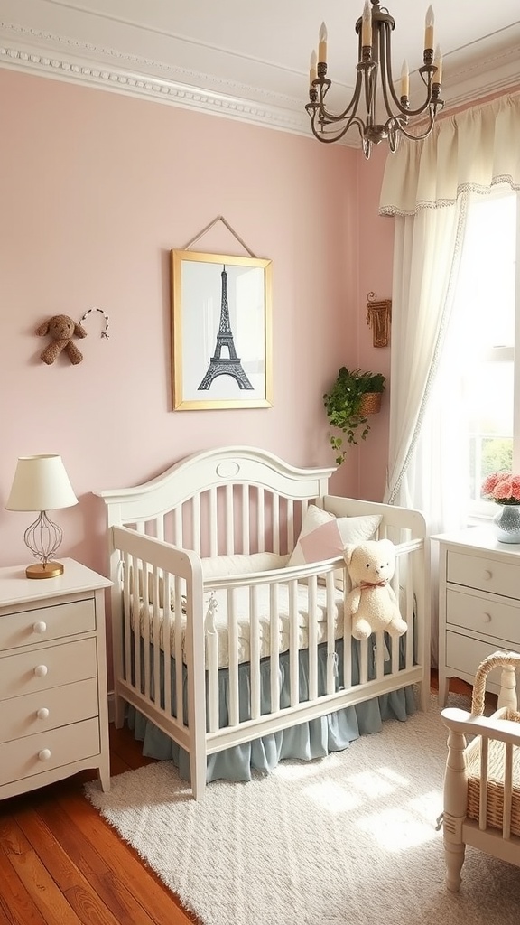 A nursery designed with Parisian elegance, featuring a pink wall, white crib, and soft decor.