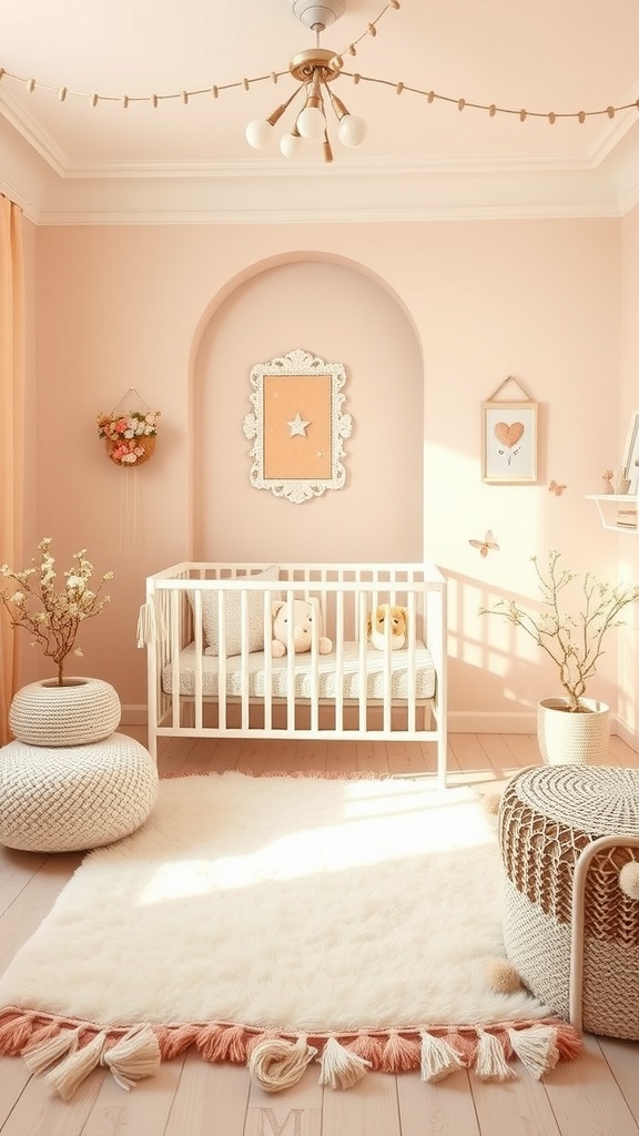 A beautifully decorated nursery featuring peach and blush colors, a crib, decorative plants, and soft textiles.