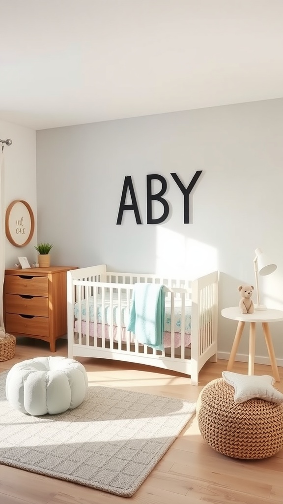 A cozy baby room with a crib, soft rug, and decorative items.