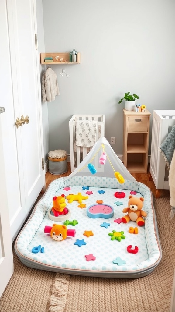 A cozy portable play area with colorful toys in a small nursery.