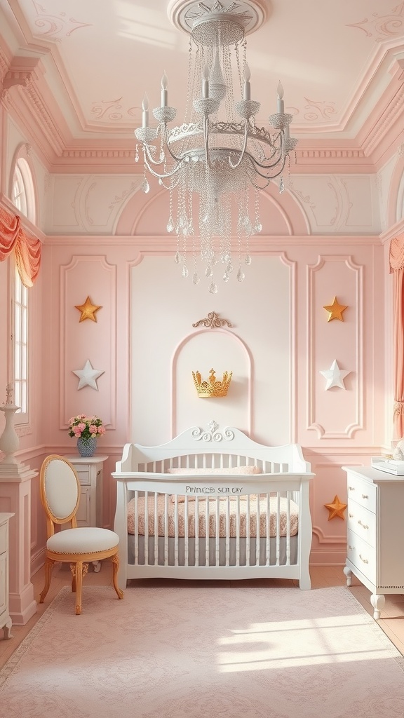 A beautifully designed nursery for baby girls, featuring pink walls, a white crib, and a chandelier.