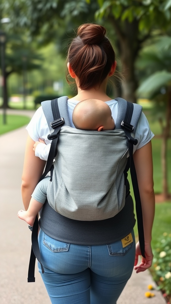 A parent wearing a baby carrier while walking in a park.