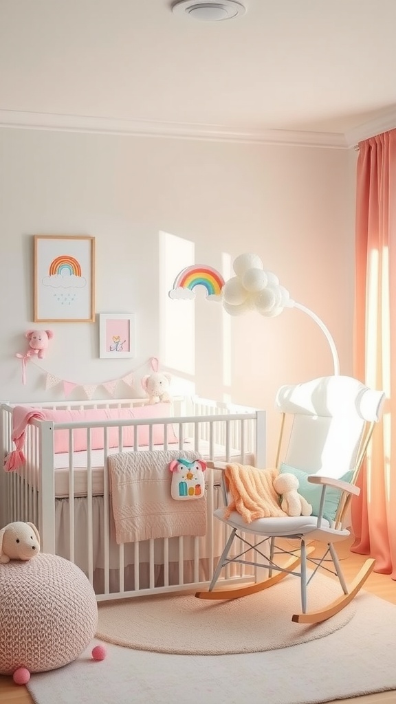 A cozy nursery for baby girls featuring rainbow pastel colors, a crib with soft bedding, and playful decor including plush toys and wall art.