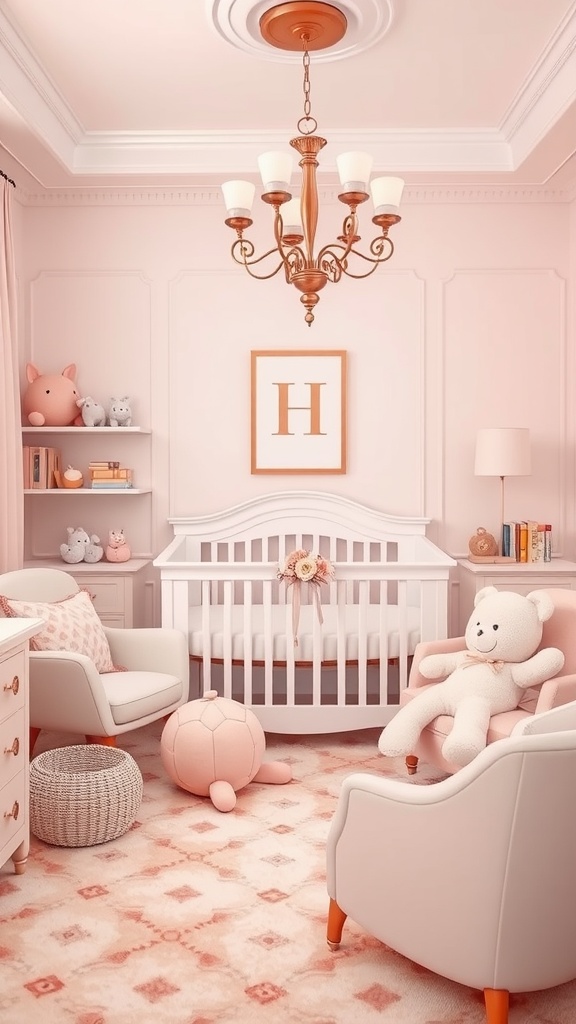 A beautifully designed nursery with rose gold accents, featuring a crib, plush toys, and elegant lighting.