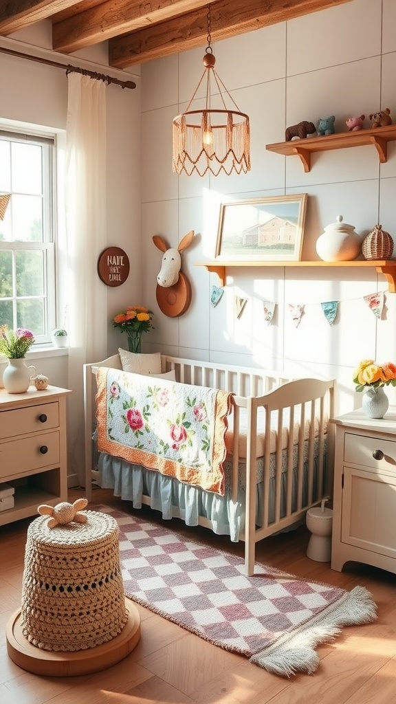 A cozy rustic farmhouse nursery featuring a crib with a floral blanket, wooden shelves, and soft lighting.