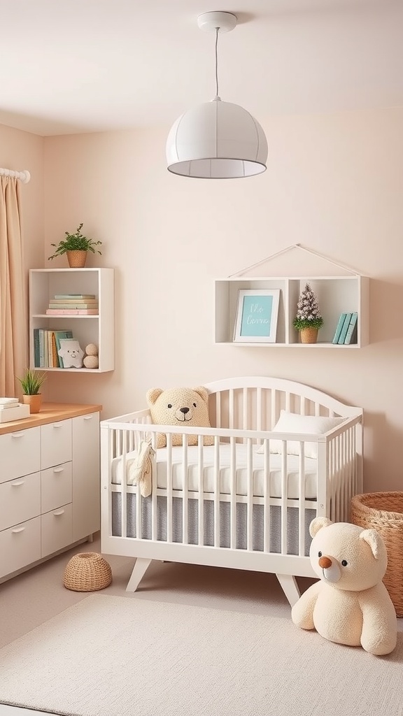 A stylish nursery featuring a crib, soft toys, and light-colored decor