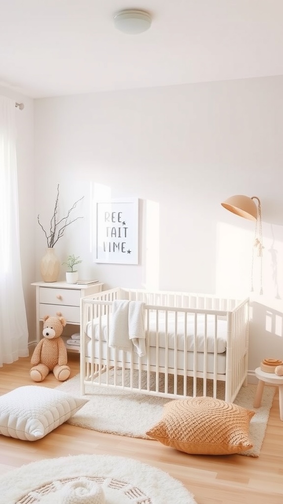 A serene nursery featuring a crib, soft pillows, and gentle lighting, showcasing Scandinavian design elements.