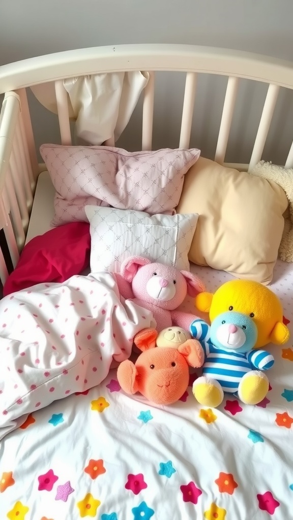 A crib with colorful bedding and stuffed animals.