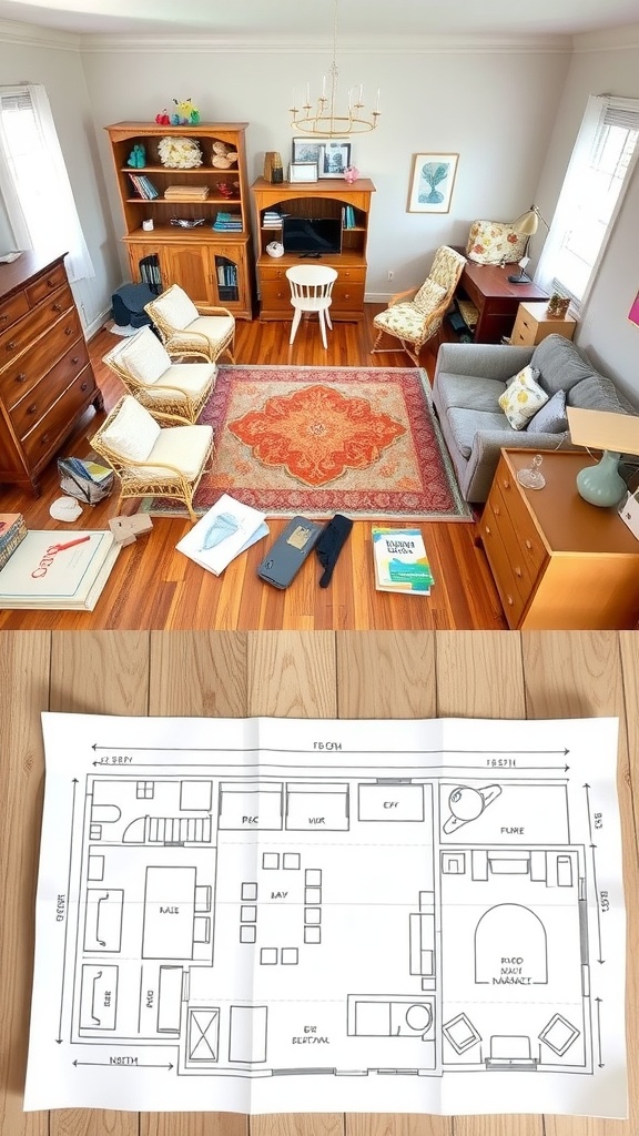 A cozy living room with furniture and a layout plan on the floor.