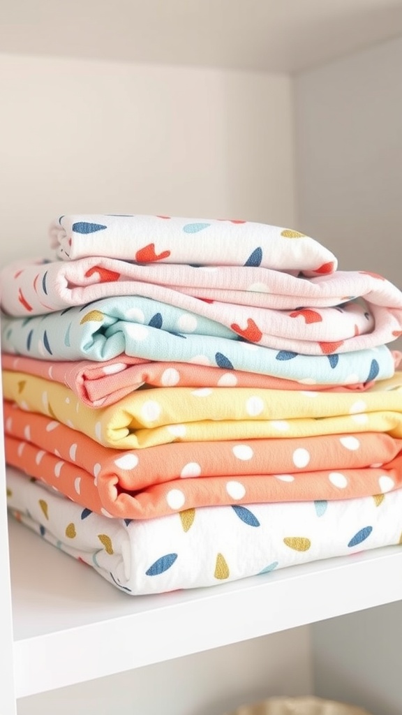 A stack of colorful swaddle blankets with various patterns.