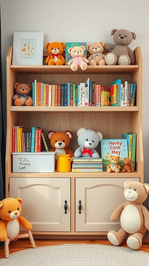 A well-organized bookshelf with colorful baby-friendly books and cute teddy bears.