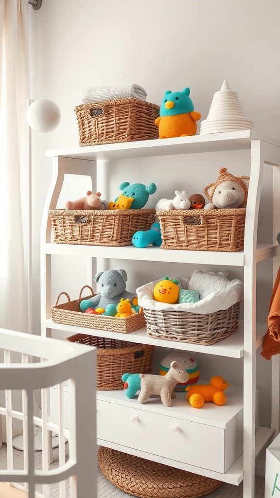 A nursery shelf displaying various stylish baskets filled with colorful toys and blankets.