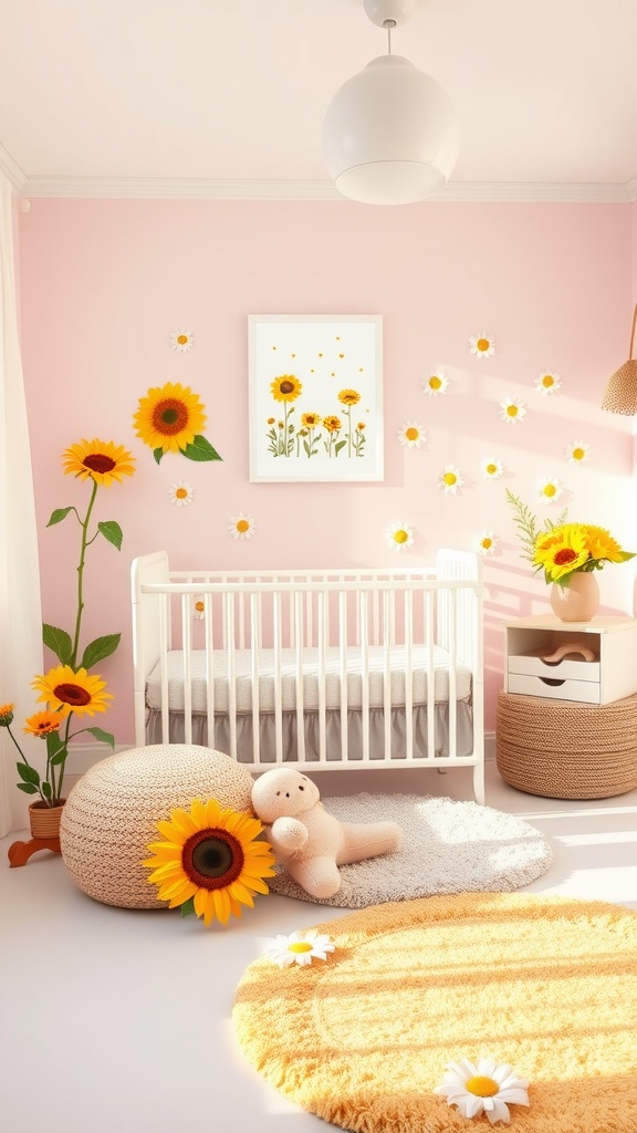 A bright and cheerful nursery with sunflowers and daisies decor, featuring a crib and soft textures.