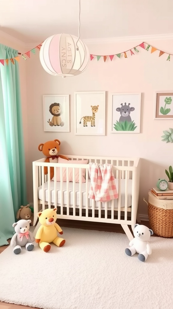 A sweet safari themed nursery for baby girls featuring animal prints, a crib, and stuffed toys.