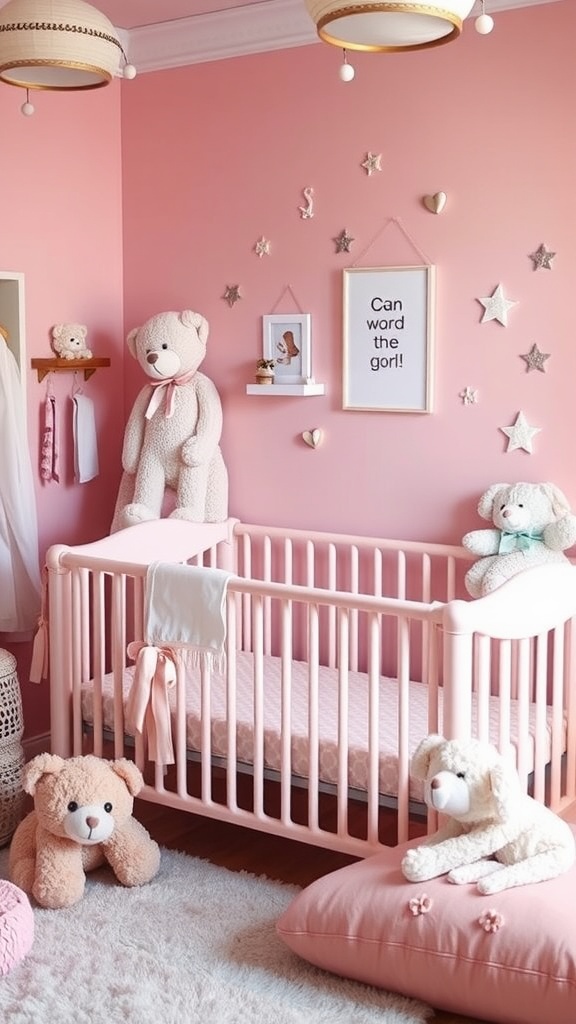 A pink nursery featuring teddy bears, a crib, and soft decorations.