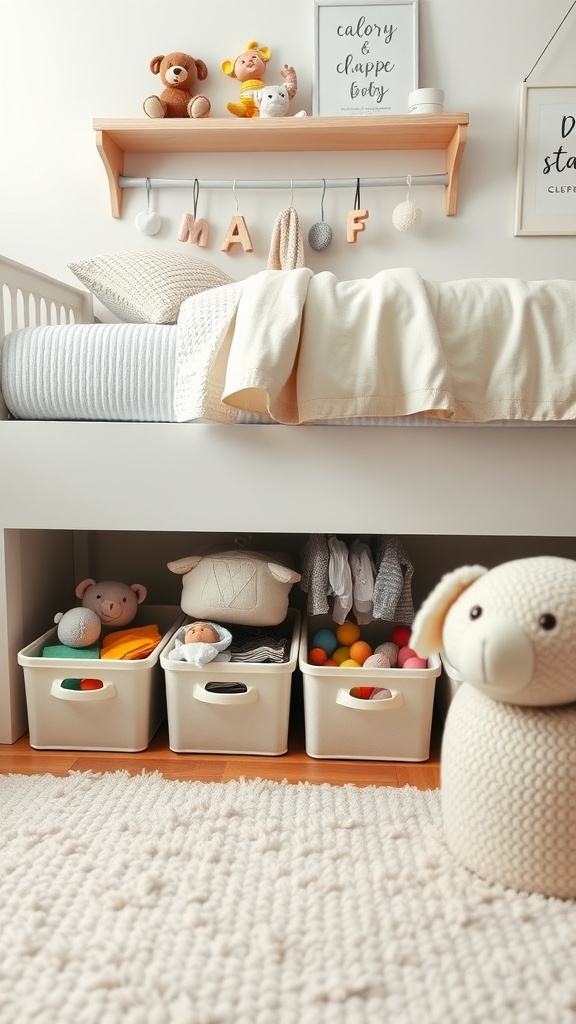 A cozy nursery with under-bed storage bins filled with colorful toys and clothes, complemented by a plush rug.