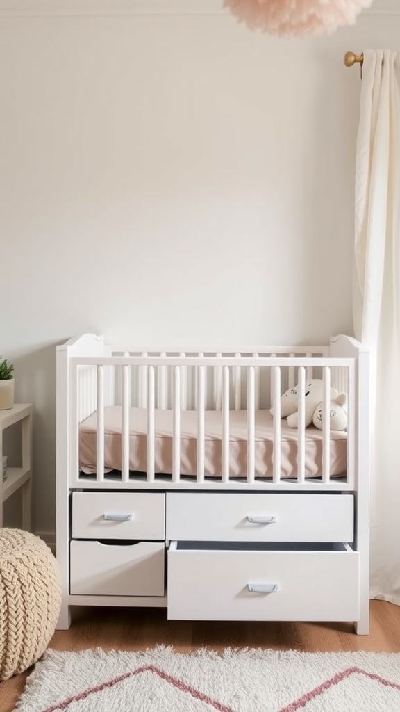 A white crib with under-crib storage drawers, featuring a soft pink mattress and a cozy nursery setting.