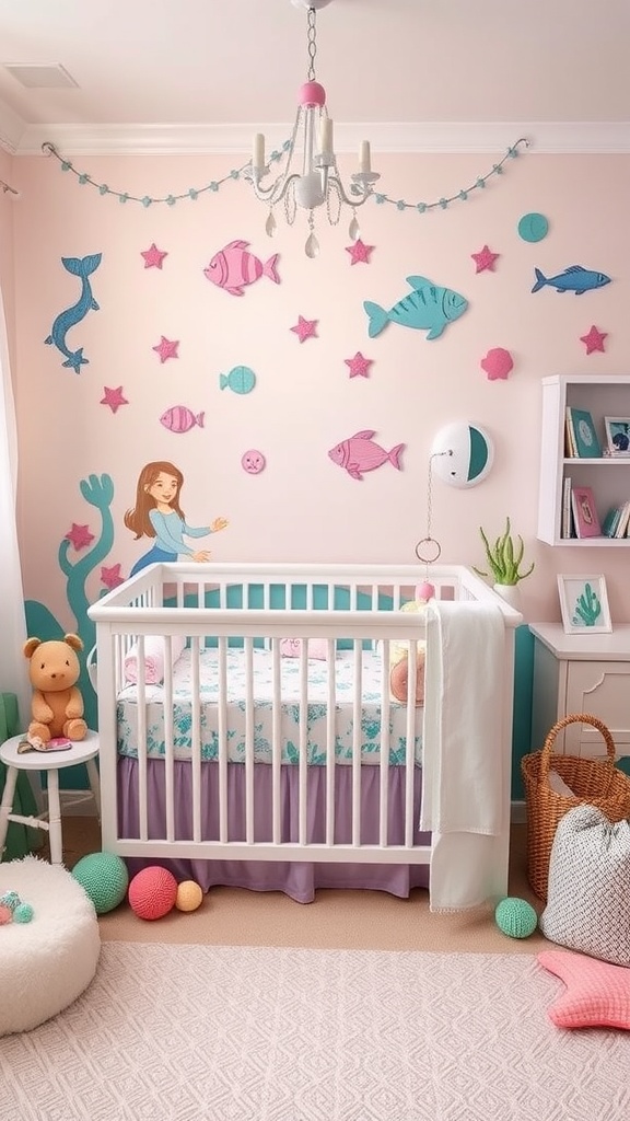 A nursery designed with an under-the-sea theme featuring colorful fish and a girl character on the wall.