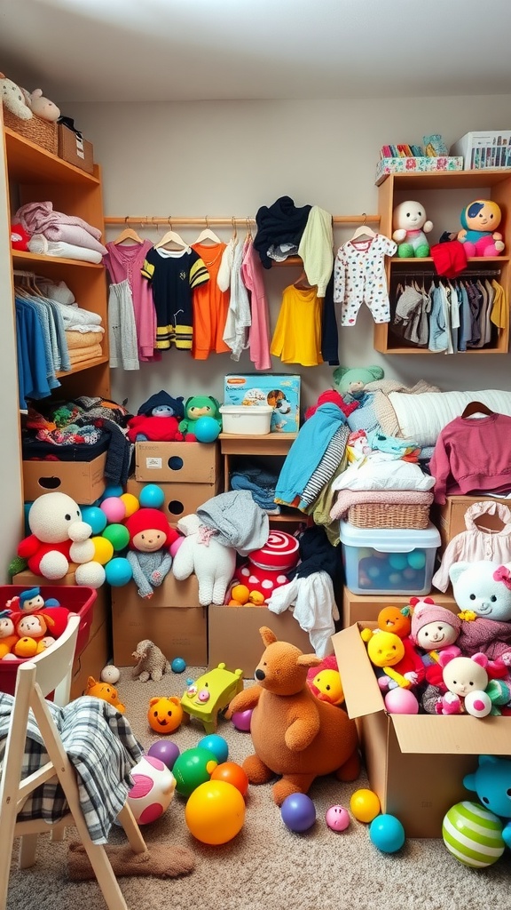 A cluttered nursery with toys and clothes strewn around, showcasing the need for better storage solutions.