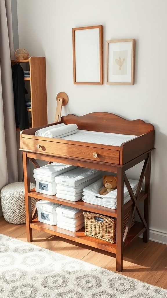 A wooden changing table with neatly stacked towels and storage bins in a cozy nursery.