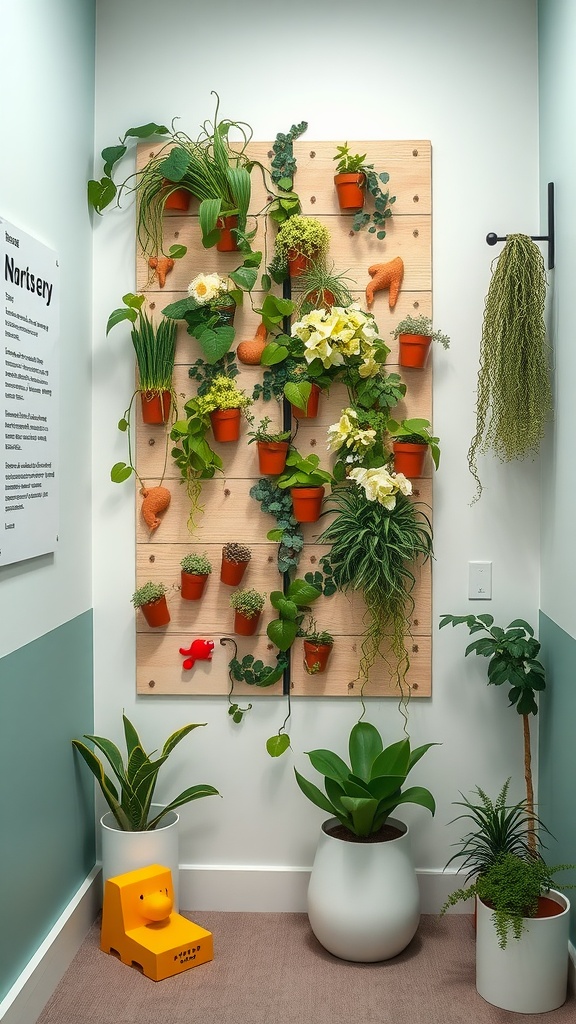 A creative vertical garden display with various plants in pots attached to a wall in a small nursery.