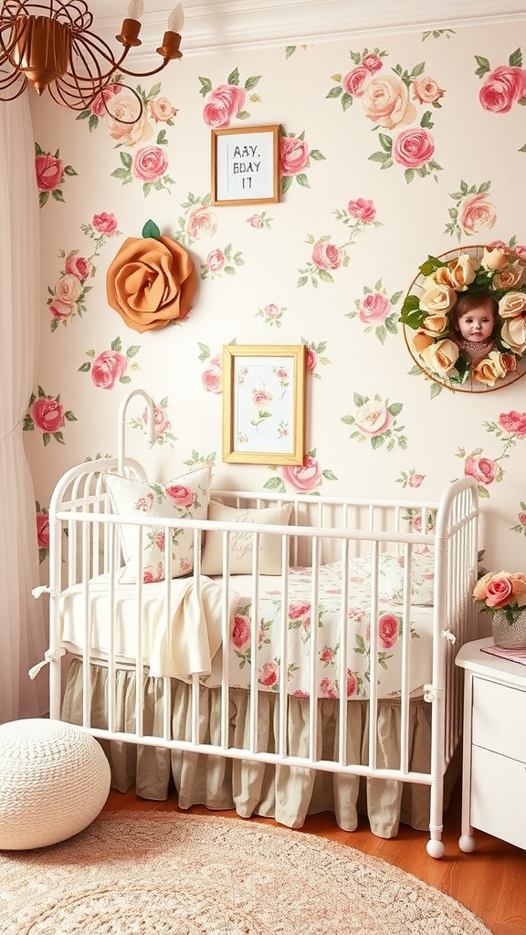 A vintage rose themed nursery with floral wallpaper, a white crib, and decorative accents.