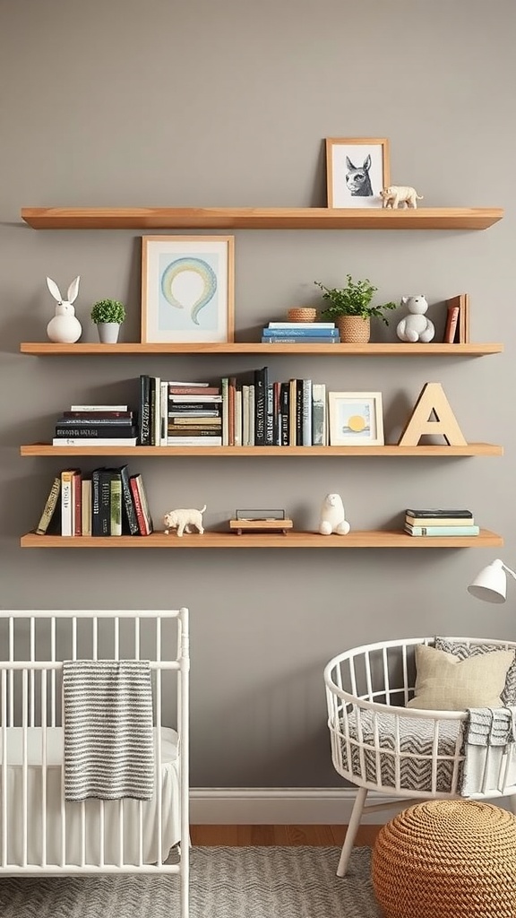 A cozy nursery with wall-mounted wooden shelves displaying books, plants, and decorative items.