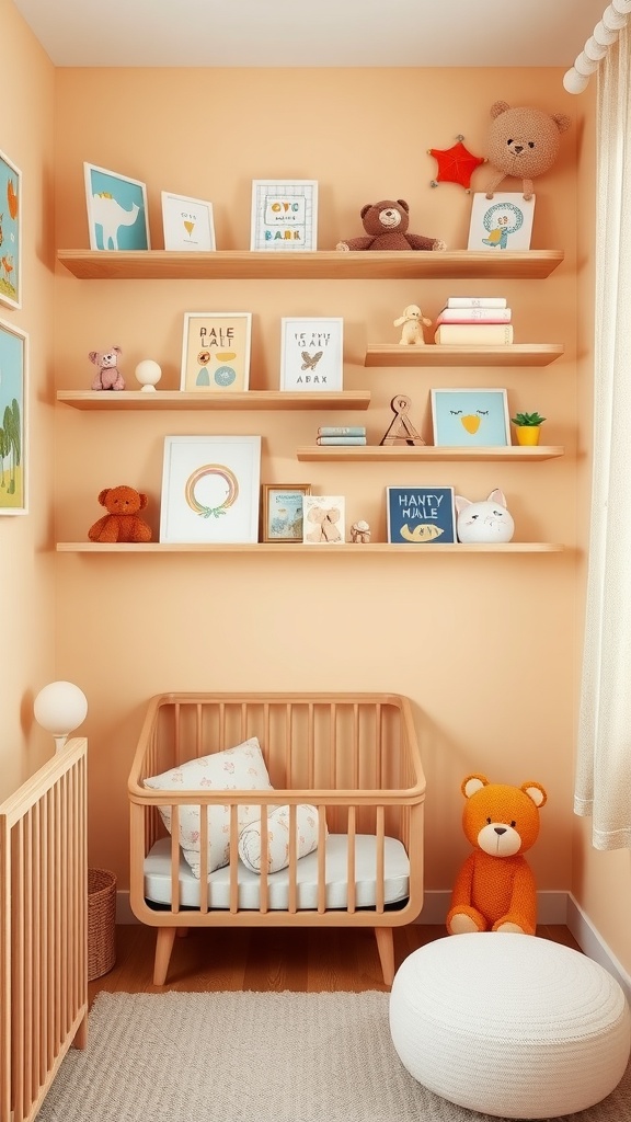 A cozy nursery featuring wall-mounted shelves filled with toys, books, and art, alongside a crib and a plush bear.