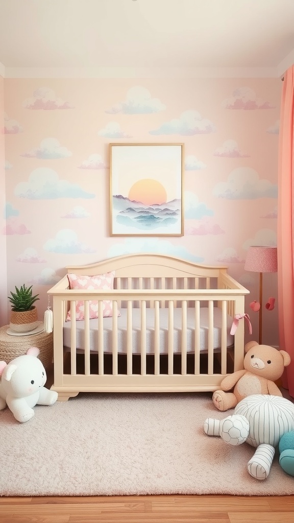 A cozy nursery featuring a crib, watercolor-themed wall art, and plush toys.